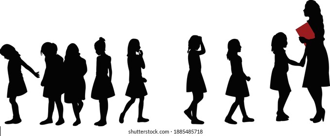 Children And Teacher Together, Silhouette Vector