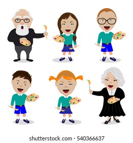 Children and teachers with brush and paints. Vector illustration.