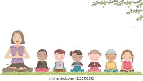 Children and teachers meditate various ethnic groups. Kids sitting on the grass at the outdoor garden