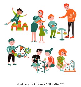 Children and teachers in Montessori kindergarten. Basic principles of work: evaluate work myself,  one rule for all, engage alone or in a group. 