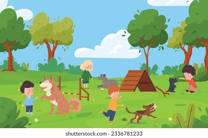 Children teaches dogs to do commands, training puppys. Boys, girls and pets playing together in forest on lawn, threw stick to the dog, training equipment. Kid and pet friendship vector illustration