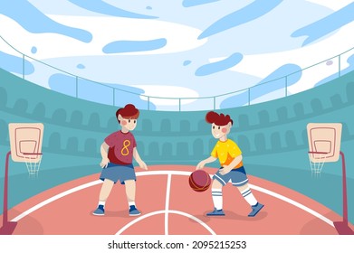 Children Team Playing Basketball At Stadium Background. Happy Boys In Uniforms Run With Ball Across Field. Sports Tournament, Training Or League Competition. Vector Illustration In Flat Cartoon Design