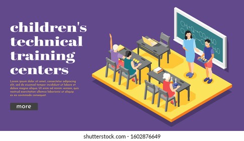 Children technical center online training  landing web page with chemical formulas on chalkboard isometric background vector illustration