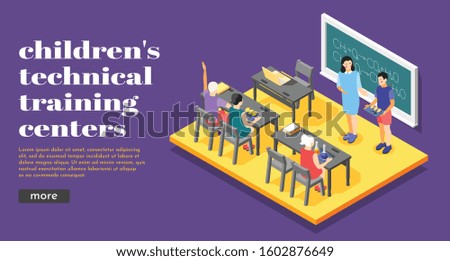 Children technical center online training  landing web page with chemical formulas on chalkboard isometric background vector illustration