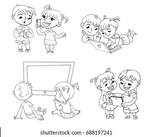 Children And Technical Progress. Kids Talking On The Phone. Boy Is Getting SMS. Children Watching TV. Brother And Sister With Laptop. Children Play On Tablet. Funny Cartoon Character. Coloring Book