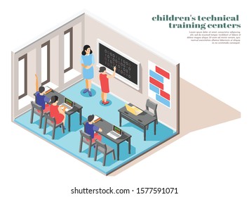 Children Technical Training Center Classroom Interior Isometric Composition With Binary Codes Computer Programming Beginners Class Vector Illustration  