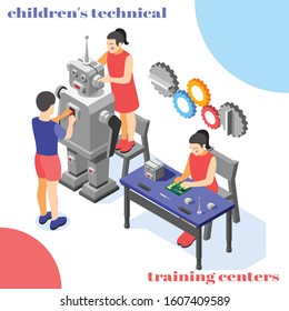 Children technical training center  isometric composition with humanoid robot circuit board connector control system assembling vector illustration  