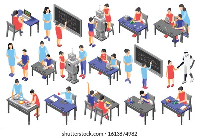 Children Technical Training Centers  Isometric Compositions Set With Robotic Control Systems Programming Science Classes Isolated Vector Illustration   