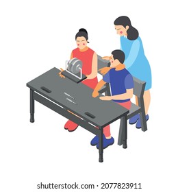 Children technical training centers isometric compositions set with robotic control systems programming science classes isolated vector illustration
