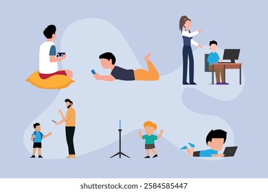 Children and Technology Usage - Digital Learning and Screen Time 2d flat vector illustrations