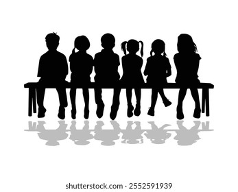 Children and Teen Silhouettes with Reflections Sitting on a Bench  Vector Art for Social Themes