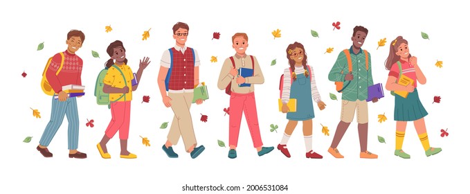 Children and teenagers with books walking to school, pupils and students with supplies and back strolling to lessons. Autumn season with falling leaves and foliage. Flat cartoon character vector