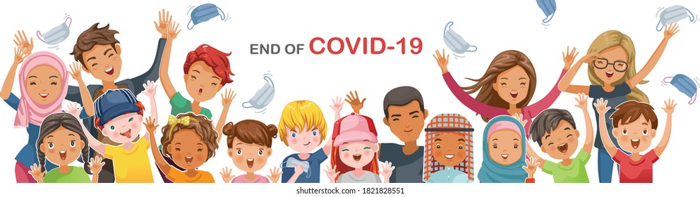 Children and teenagers. Boys girls face emotions. Gestures very happy. Cheers! remove midical mask. Concept back to schoo. End of COVID-19. Successful treatment. Vaccine against COVID-19. No pollution