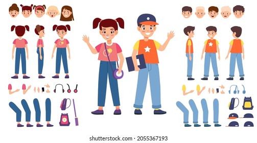 Children teenagers constructor. Happy girl and boy with additional body parts and accessories, child emotions and hairstyles, poses create, for animation vector cartoon flat isolated set