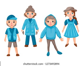 Children teenagers in different clothes, subjoints or students. Seasonal to clothes, hat, jackets and coat. Vector illustration of characters