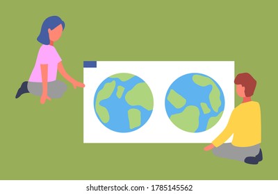 Children or teenagers sit near large map of the world with two globes. Geography and atlas, learning and development, creative expression. School or preschool. People on the green background
