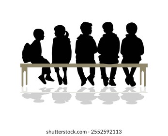 Children and Teenagers Sitting Silhouettes Vector on a Bench