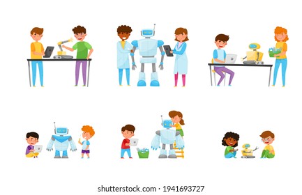 Children and Teenagers Sitting at Tables and Engineering Robots Vector Illustrations Set