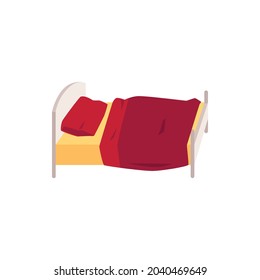 Children or teens bed with bed wear in red tints, flat vector illustration isolated on white background. Cartoon icon or sign of kids bedroom furnishings.