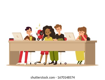 Children and teens of different races sit at a large table and study online using internet technologies and a laptop, isolated flat cartoon vector illustration of the education of boys and girls.