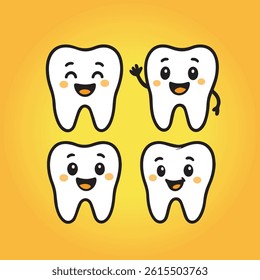 Children teeth care and hygiene cartoon flat vector icons. Smiley tooth 