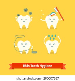 Children teeth care and hygiene cartoon flat vector icons.