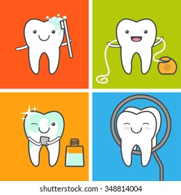 Children teeth care and hygiene vector icons. Oral hygiene. How to care for your teeth concept. Healthy tooth. Toothbrushing, flossing,mouthwashing and visit the dentist.