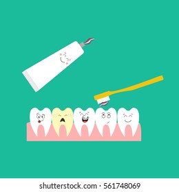 Children Teeth and toothpaste on the green background. Vector illustration