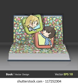 Children in televisions inside a open Pop-up book. Vector design.