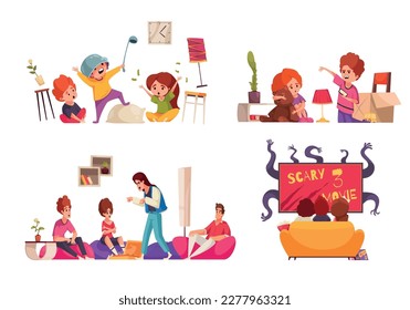 Children telling scary stories and watching horror movies cartoon icons set isolated vector illustration