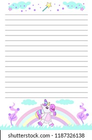 Children template notebook sheet with cute unicorn. Kids notebook page. Cartoon scrapbook. Sample for planner blank, cover for scrapbooking, congratulations and invitations. Vector illustration.