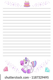 Children template notebook sheet with cute unicorn. Kids notebook page, scrapbook. Sample for planner blank, cover, scrapbooking, congratulations and invitations. Vector illustration.