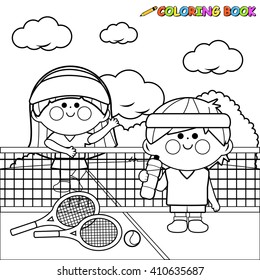 Children tennis players taking a break from game. Vector black and white coloring page. 