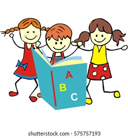 children and textbook, welcome to school, vector illustration