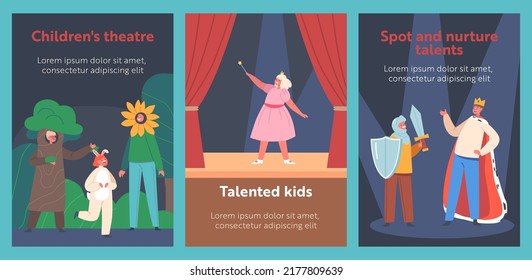 Kindertheater Cartoon Banner. Kleine Künstler in lustigen Theaterkostümen spielen auf Stage mit Vorhängen und Dekor. Charaktere tragen Fantasieanzüge und nehmen an der Schulleistung teil. Vektorgrafiken