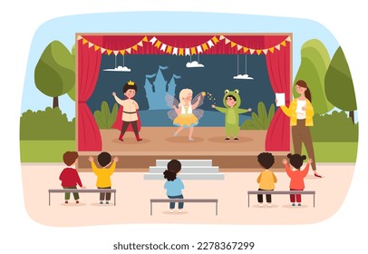 Children theater concept. Boy dressed as prince, fairy girl and schoolboy frog. Children on stage of theater show fairy tale, perform in front of schoolmates. Cartoon flat vector illustration