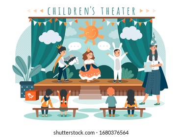 Children Theater Play, Kids In Costumes On Stage, People Vector Illustration. Cute Boy And Girl Performing In Front Of Friends And Schoolmates. Children Theatrical Performance, Little Princess