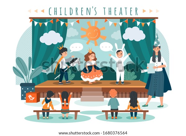 Children theater play, kids in costumes on\
stage, people vector illustration. Cute boy and girl performing in\
front of friends and schoolmates. Children theatrical performance,\
little princess