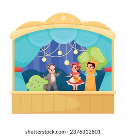 Children in Theater Play Performance Wearing Costumes Performing on Stage Vector Illustration