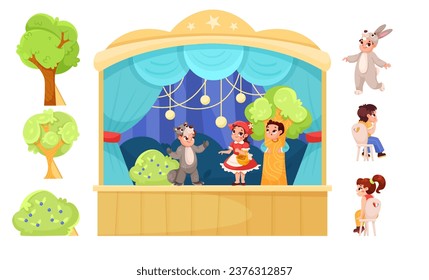 Children in Theater Play Performance Wearing Costumes Performing on Stage Vector Illustration