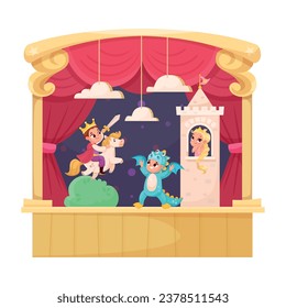 Children in Theater Play Performance Wearing Costumes Performing on Stage Vector Illustration