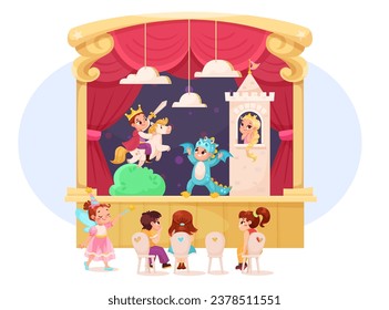 Children in Theater Play Performance Wearing Costumes Performing on Stage Vector Illustration