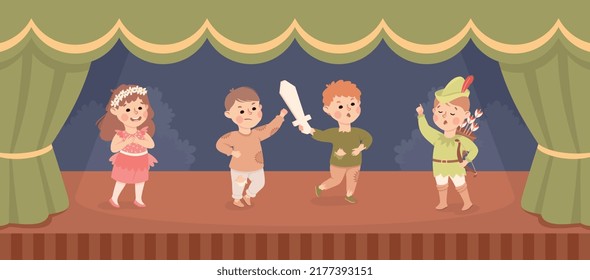 Children in Theater Play Wearing Costumes Performing on Stage Vector Illustration