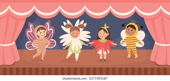 Children in Theater Play Wearing Costumes Performing on Stage Vector Illustration