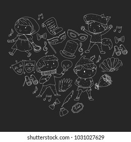 Children theatre patterns. Elements for design on the theatre. Collection of kids theatre symbols: mask, ticket, binocular. KIndergarten or school children perfomance. Doodle icons. Vector.