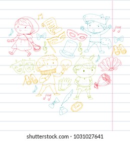 Children theatre patterns. Elements for design on the theatre. Collection of kids theatre symbols: mask, ticket, binocular. KIndergarten or school children perfomance. Doodle icons. Vector.