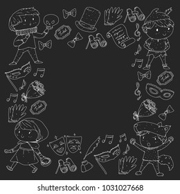 Children theatre patterns. Elements for design on the theatre. Collection of kids theatre symbols: mask, ticket, binocular. KIndergarten or school children perfomance. Doodle icons. Vector.
