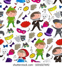 Children theatre patterns. Elements for design on the theatre. Collection of kids theatre symbols: mask, ticket, binocular. KIndergarten or school children perfomance. Doodle icons. Vector.