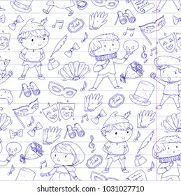 Children theatre patterns. Elements for design on the theatre. Collection of kids theatre symbols: mask, ticket, binocular. KIndergarten or school children perfomance. Doodle icons. Vector.
