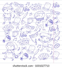 Children theatre patterns. Elements for design on the theatre. Collection of kids theatre symbols: mask, ticket, binocular. KIndergarten or school children perfomance. Doodle icons. Vector.